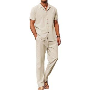 Men 2 Piece Linen Outfit Beach Button Down Shirt Casual Loose Pant Sets